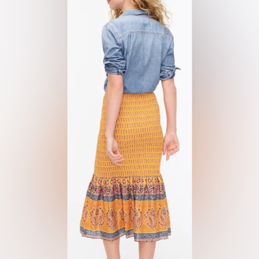 J.CREW Smocked Sunny Yellow Block Print Bodycon Midi Skirt S - Picture 2 of 7